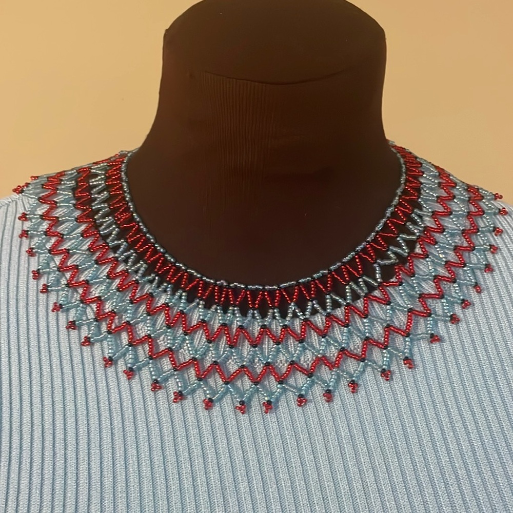 Red and Light Blue Iridescent AB  Seed Bead Bib Necklace, 17 By 2”